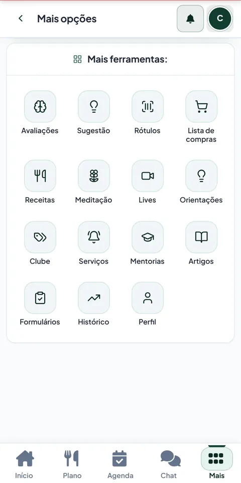 Tela de mais opções com receitas, lista de compras, rótulos, meditação e formulários