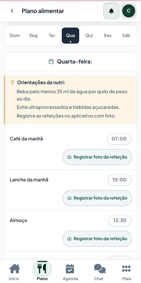 Plano alimentar no aplicativo com as refeições da quarta-feira e as orientações do dia